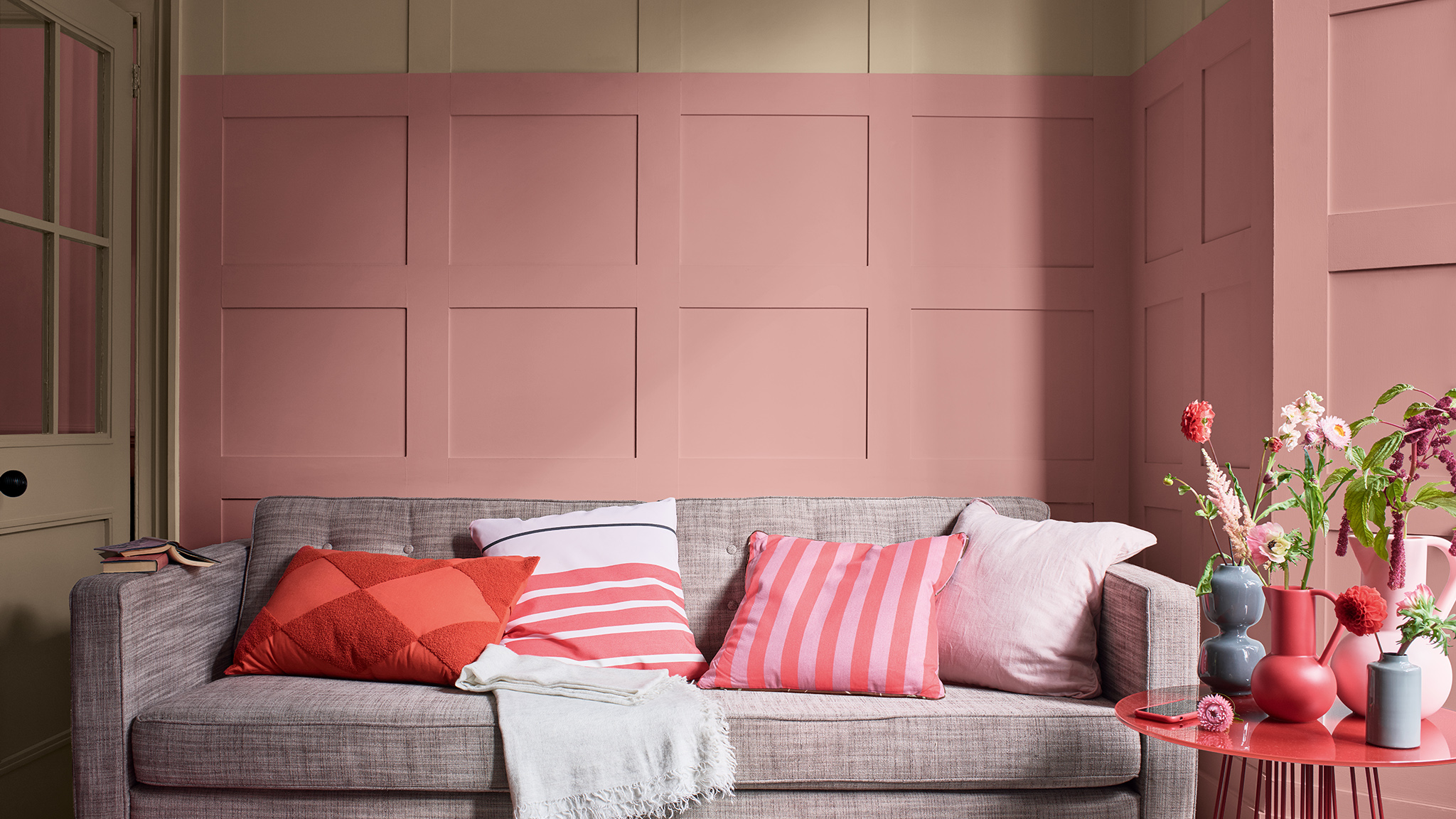 Living room with paneled pastel pink and Brave Ground wall Dulux_CF21_Color_of_2021_Expressive_colors_global_2