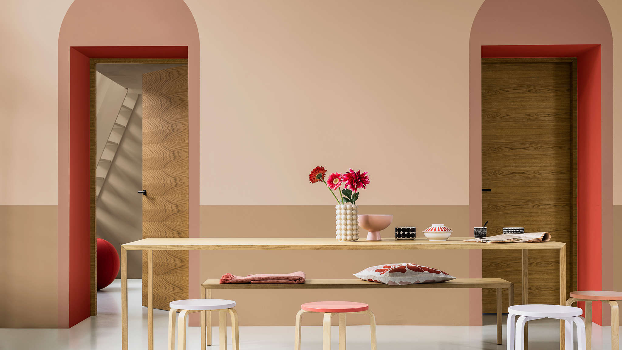 Living room with paneled pastel pink and Brave Ground wall Dulux_CF21_Color_of_2021_Expressive_colors_global_2