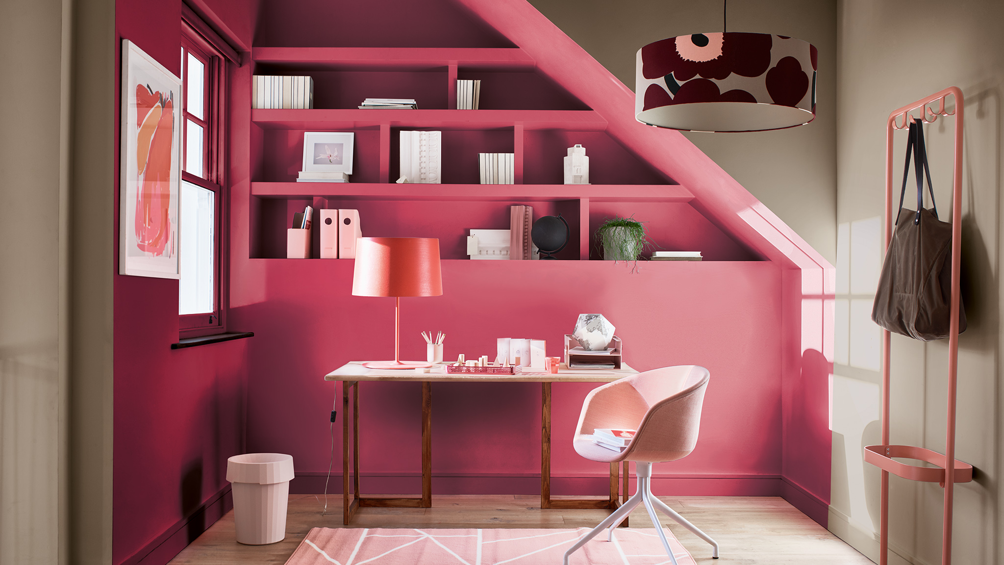 Bright pink study framed with contrasting walls painted in a neutral shade Dulux_CF21_Color_of_2021_Expressive_colors_global_4