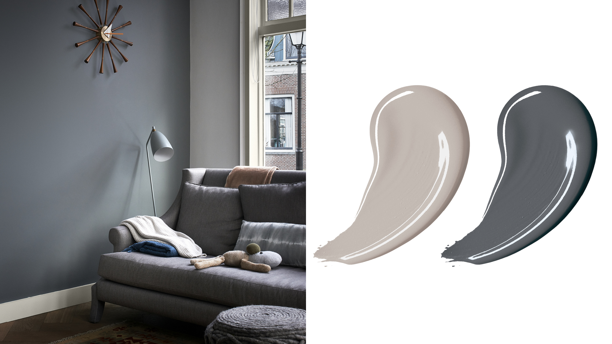 A stylish grey colour scheme Dark grey Dulux paint is an elegant choice, and will give a restful feel to your home when matched with a lighter shade.